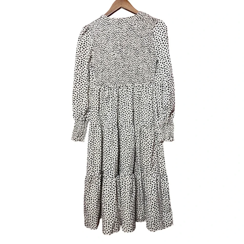 SHEIN Midi Dress Women Small Tan Black Spotted Excellent Smocked Tiered Boho